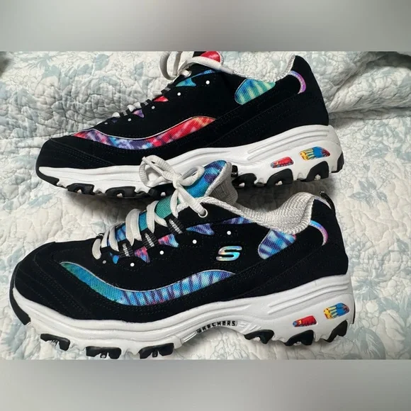 Skechers Women’s Black Sneakers with Rainbow Tie-Dye Accents - Picture 1 of 5